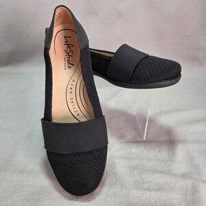 LifeStride Naomi Flats Black Knit Stretch Gore Strap Comfort Professional 8.5M